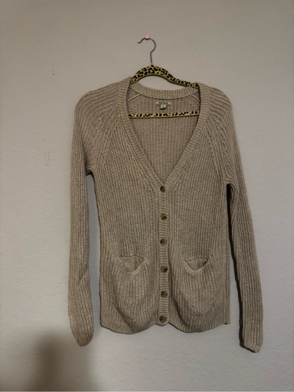 Lucky Brand Neutral Beige V‑Neck Button Cardigan
